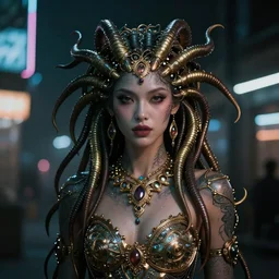 Cyberpunk medusa, dark atmosphere, cinematic shot, glamour, intricate, ornate, photorealistic, ultra detailed, realistic, 35mm, photography, neon, octane, high definition, depth of field, bokeh, 8k, artstation