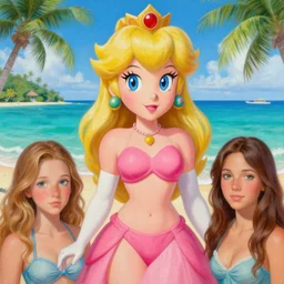 portrait of princess peach on vacation on caribbean island, wearing pink bandini. intricate painting by ross tran, magali villeneuve, and jeremy mann.