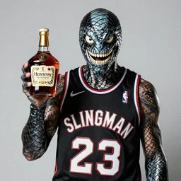 slitherman in an NBA jersey with a bottle of hennessy