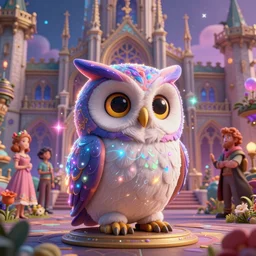 A beautiful detailed 3d matte painting of a cute magical owl ,sparkling with colourful energies in a brilliantly coloured fantasy setting,Behind is an ornate gothic palace in medieval Europe, by beeple and ellen jewett and alex horley and Alexander Jansson, magical realism, hyperrealistic, ultra wide angle, smooth, texture, intricate, fantasy, trending on artstation, polarizer filter, volumetric lighting, micro details, 3d sculpture, octane render, 8k