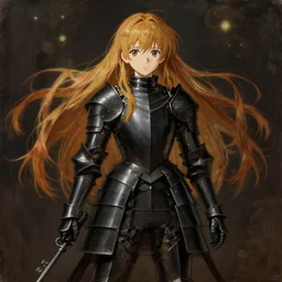 baroque oil painting japanese light novel illustration lotr anime key visual full body action shot | young girl black military crusader armour with long flowing amber hair | symmetrical perfect face fine detail delicate features quiet gaze | gapmoe kuudere moody lighting bokeh | trending pixiv fanbox | by greg rutkowski makoto shinkai takashi takeuchi studio ghibli