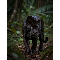 a beautiful black jaguar walking in the jungle at night, art by christophe vacher