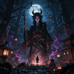 hyakkiyakou, haunted night, devils night, hyakki yako 🏮, ultradetailed, 8 k render in octane, cinema lighting, magical, lighting trending on artstation, ultrawide shot, light effect, 8 k, by greg rutkowski ， thomas kinkade