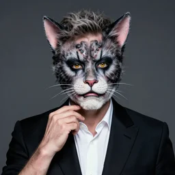 president Mauricio Macri in Elaborate Cat Man Makeup and prosthetics designed by Rick Baker, Hyperreal, Head Shots Photographed in the Style of Annie Leibovitz, Studio Lighting