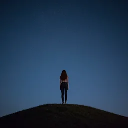 photograph of a girl standing on top of a hill against a starry sky