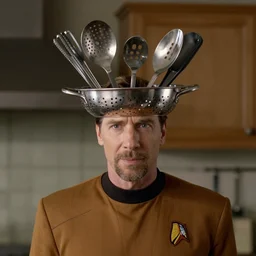 Geordi LaForge wearing a colander and kitchen tools on his head