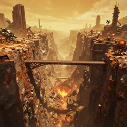 the view from a colossal bridge that spans a giant canyon and leads to an abonded post apocalyptic city that is crumbling and being overtaken by rust inspired ilm, beeple, star citizen halo, mass effect, starship troopers, elysium, iron smelting pits, high tech industrial, warm saturated colours