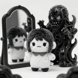 cute fumo plush of a girl who appears in the mirror when you utter his name three times at midnight, menacing faceless amorphous dark creature, black and white, horror, caustics, vray