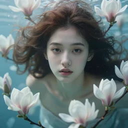 character art of a goddess of magnolias as underwater angelic young female | | seductive - fine - face, pretty face, key visual, realistic shaded perfect face, fine details by stanley artgerm lau, wlop, nekro, james jean, andrei riabovitchev, marc simonetti, and sakimichan, trending on artstation