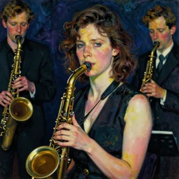 Julie Delpy in a free jazz band, portrait, by Egon Schiele