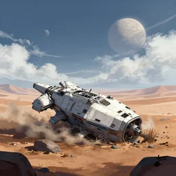 a spaceship crashed into a foreign planet, wasteland. The spaceship is buried in the ground. beautiful white clouds in the distance. in the style of digital art, artstation trending