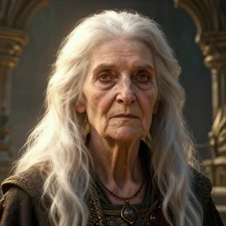 highly detailed portrait of a very old woman with long hairs, unreal engine, fantasy art, global illumination, radiant light, detailed and intricate environment