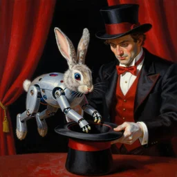 a dark close - up painting of a magician pulling a robot rabbit from a hat on stage. red curtains in the background.. dark black background. highly detailed fantasy science fiction painting by norman rockwell, moebius, frank frazetta, and syd mead. rich colors, high contrast. artstation