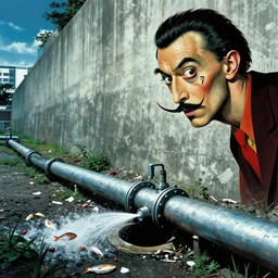 1 9 7 9 omni cover of a sewer pipe near spewing fish and trash near a massive seawall in tokyo. dramatic art in cyberpunk style by dali, and vincent di fate