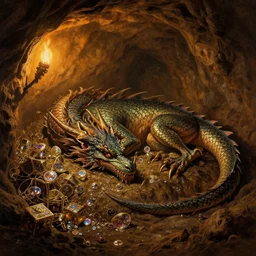 a real dragon sleeping on a mound of treasure. inside cave. warm glow of torch lights. shimmering treasure. painted by rembrandt, thomas cole, sasha beliaev. cinematic, epic composition, dramatic lighting, intricate scales, handpainted. realistic, photo, detailed