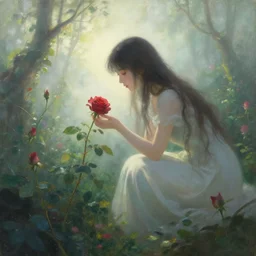 lonely rose in fantasy garden, woman caring for the rose, fantasy world, ethereal back light, mist, coherent composition, detailed fantasy painting, noriyoshi ohrai, yuumei, ( ( mark brooks ) )