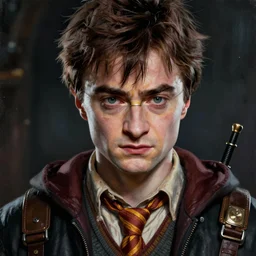 portrait painting of a scowling dieselpunk daniel radcliffe as harry potter, sharp focus, award - winning, trending on artstation, masterpiece, highly detailed, intricate. inspired by josan gonzales and moebius and deathburger