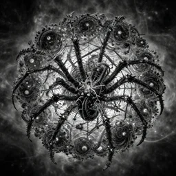 spiderweb abomination, scary, mostly black and white, mandelbulb fractal, expansive, huge, lots of detail, highly detailed, 8 k