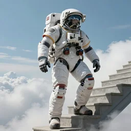 beautiful portrait of a mecha astronaut going up the stairs to heaven alone, octane render, trending on artstation, hyperrealistic, character photography