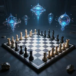 new chess board with 5 dimensions and multiverse time travel, high-tech, artstation, digital art, moody