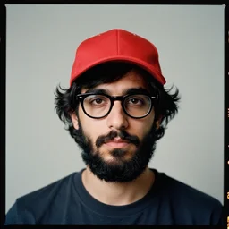 kodak portra 4 0 0, 8 k, highly detailed, britt marling style, color studio - portrait of a young ducktail bearded middle eastern american male with black wayfarer glasses and red baseball hat, black hair, muted colors, up face with 1 9 2 0's hairstyle and cloth style, asymmetrical, hasselblad