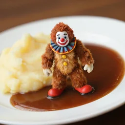 a tiny bigfoot clown stands in a pool of gravy on a plate of mashed potatoes, professional foot photography, tilt shift