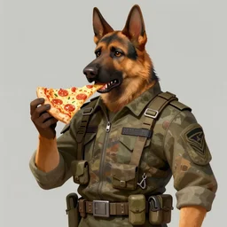 a humanoid german shepherd beast - man in military style, holding a slice of pizza, artstation, concept art, smooth, sharp foccus ilustration, artstation