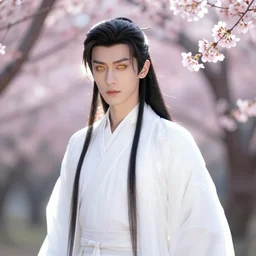 a portrait of a young beautiful prince, golden eyes, long black hair, white hanfu, elegant, intricate, backlit, incredible lighting, strong rim light, subsurface scattering, photorealistic, epic beautiful landscape, cherry trees, highly detailed, digital painting, by Heise Jinyao, Heise-Lian Yan Fang, Feimo, Rossdraws, Sakimichan, HDRI, vivid colors, high contrast, 8k