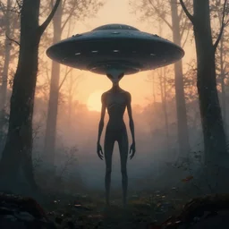 long subtle alien with big ufo head, lost in foggy woods, sundown, by simon stalenhag, greg rutkowsy and artgerm