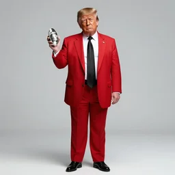 donald trump frowning while holding a silver ingot, full body, model image, red suit and black tie,