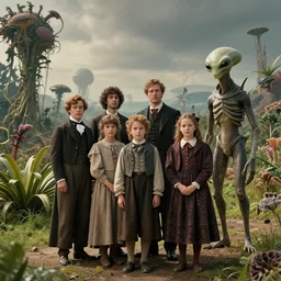 film still from a sci fi blockbuster movie made in 2022, set in 1860, of a family standing next to some strange wild alien plants wearing 1850s era clothes, a humanoid alien standing nearby, in a park on a strange alien planet, cinematic lighting, 8k, faces in focus, oscar winner, high quality photography