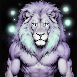 aesthetic portrait commission of an albino male furry anthro lion with large muscles and lavender and mint colored glowing orbs of light surrounding and illuminating the lions face softly charlie bowater, detailed, inked, western comic book art, 2017 award winning painting, digital art, artstation