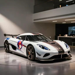 a Koenigsegg Agera R with a anime livery in a showroom