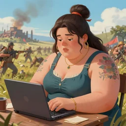 obese feminist typing a tweet, battlefield, highly detailed, photoreal, sharp focus, illustration, gross, colorful, trending on artstation, cinematic, artwork by wlop