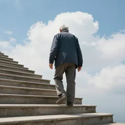 old man walking up a staircase to heaven,