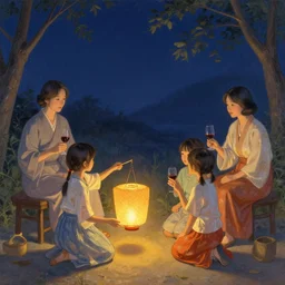 chinese mid autumn festival, kids with a lantern while their parents enjoy a glass of wine, by james gilleard, ruan jia, liuyuan lange, fenghua zhong, ren jing jeong, feifei ruan, sylvain sarrailh, artgem
