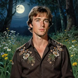 a handsome young man who looks like steve mcqueen, 1 9 7 0 s, seventies, delicate embellishments, woodland, moonlight shining on wildflowers, painterly, offset printing technique, by alexandre cabanel