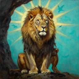 close up of drug addict  lion barbarian hunter full body in portrait pose, sun rays , small bird sihouettes  in cyan background , very textured detailed  oil painting by rembrandt , hard backlight , in dark cave