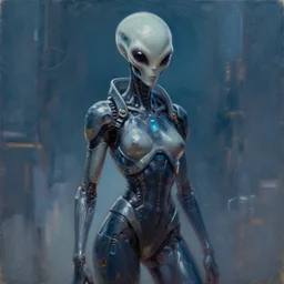 alien figure cyberpunk, 2 0 8 8, rossdraws, greg rutkowski, oil painting, octane render