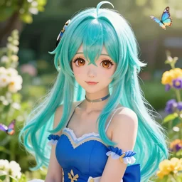 portrait of beautiful girl with long turquoise hair, big cute brown eyes, and a blue dress, in a garden full of flowers and Butterflies, genshin impact, realistic anime, backlit, strong rim light, sharp focus, octane render, trending on artstation, 8k