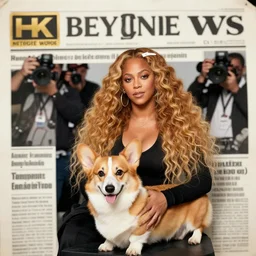 Beyoncé with a corgi, hyper realistic, paparazzi shot, 4K, news article photo