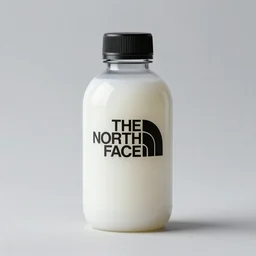 the north face transparent bottle, round bottle, black top, filled with luminous white liquid, concept art, matte, sharp focus, illustration, art by aenaluck, artgerm, modern