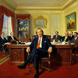 Opulent and grand vision of wealthy business magnate, sitting in his office. Very detailed, realistic, stretched perspective, rich and vibrant colors. wide angle. Wealth and power mood. bright and direct lighting. oil painting by Salvador Dali
