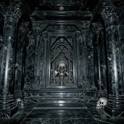 Underground temple of death made of black marble and souls, analogue horror