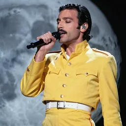 color photography of Freddy mercury singing on the moon, wearing yellow military-style cropped coat