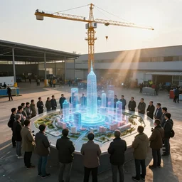 crane shot of large group people in open warehouse, looking at hologram of futuristic city on a table, cinematic still, godrays, golden hour, natural sunlight, 4 k, clear details, tabletop model buildings, tabletop model, ethereal hologram center, crane shot, crane shot, rule of thirds, people, people, tabletop
