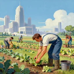 a mixed media side profile portrait painting of a gardener in overalls planting a field of vegetable crops, minimalist, a ruined futuristic art deco city sits in the distance, by frank frazetta, greg rutkowski, beeple, yoko taro, christian macnevin, beeple, wlop and krenz cushart, epic fantasy character art, volumetric outdoor lighting, midday, high fantasy, cgsociety, cheerful colours, full length, exquisite detail, post - processing, masterpiece, cinematic