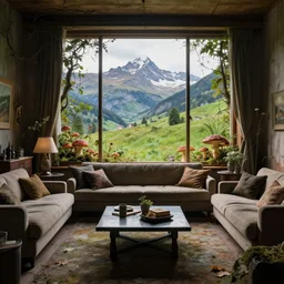 fantastical living room with switzerland landscape in the window by marc adamus, beautiful dramatic lighting, overgrown with funghi, style by peter deligdisch, peterdraws