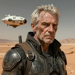 portrait of aged and war marked cyberpunk man, looking at a hovering old space craft, on the desert of mars, insanely detailed faces by artgerm ; natural portrait 3 d, disney pixar style. cinematic, intricate, clean, crisp, highly detailed stunning realistic, award winning, trending on artstation