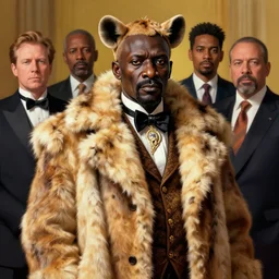 formal portrait. president trump in the style of an african despot, wearing hyena fur coat. digital art by eugene de blaas, ross tran, and nasreddine dinet, vibrant color scheme, intricately detailed, in the style of romanticism. artstation, greg rutkowski